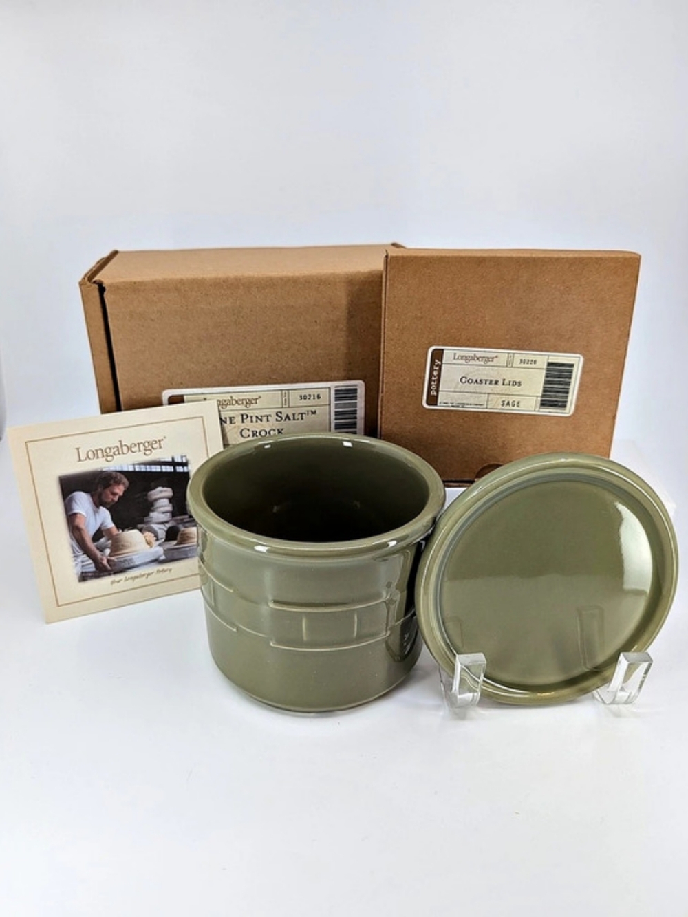 Longaberger One Pint Salt Crock with Coaster Lid In Sage Green 30216/30226 NIB
